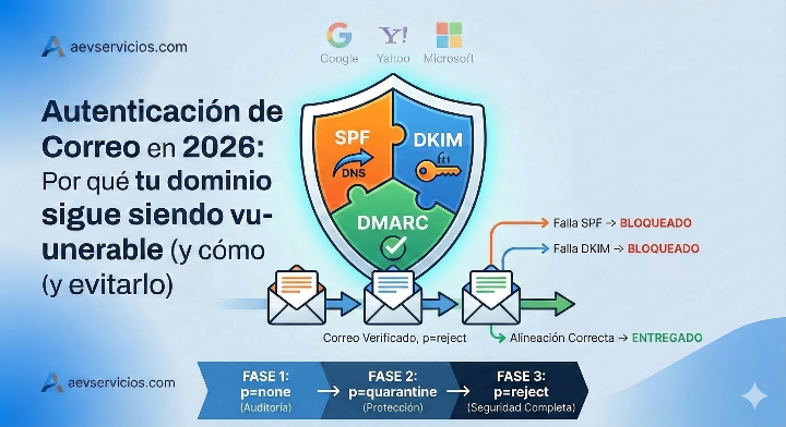 El Escudo de Autenticación (SPF, DKIM, DMARC): El centro de la imagen es un escudo de tres piezas interconectadas, representando que la seguridad total solo se logra cuando los tres registros funcionan al unísono