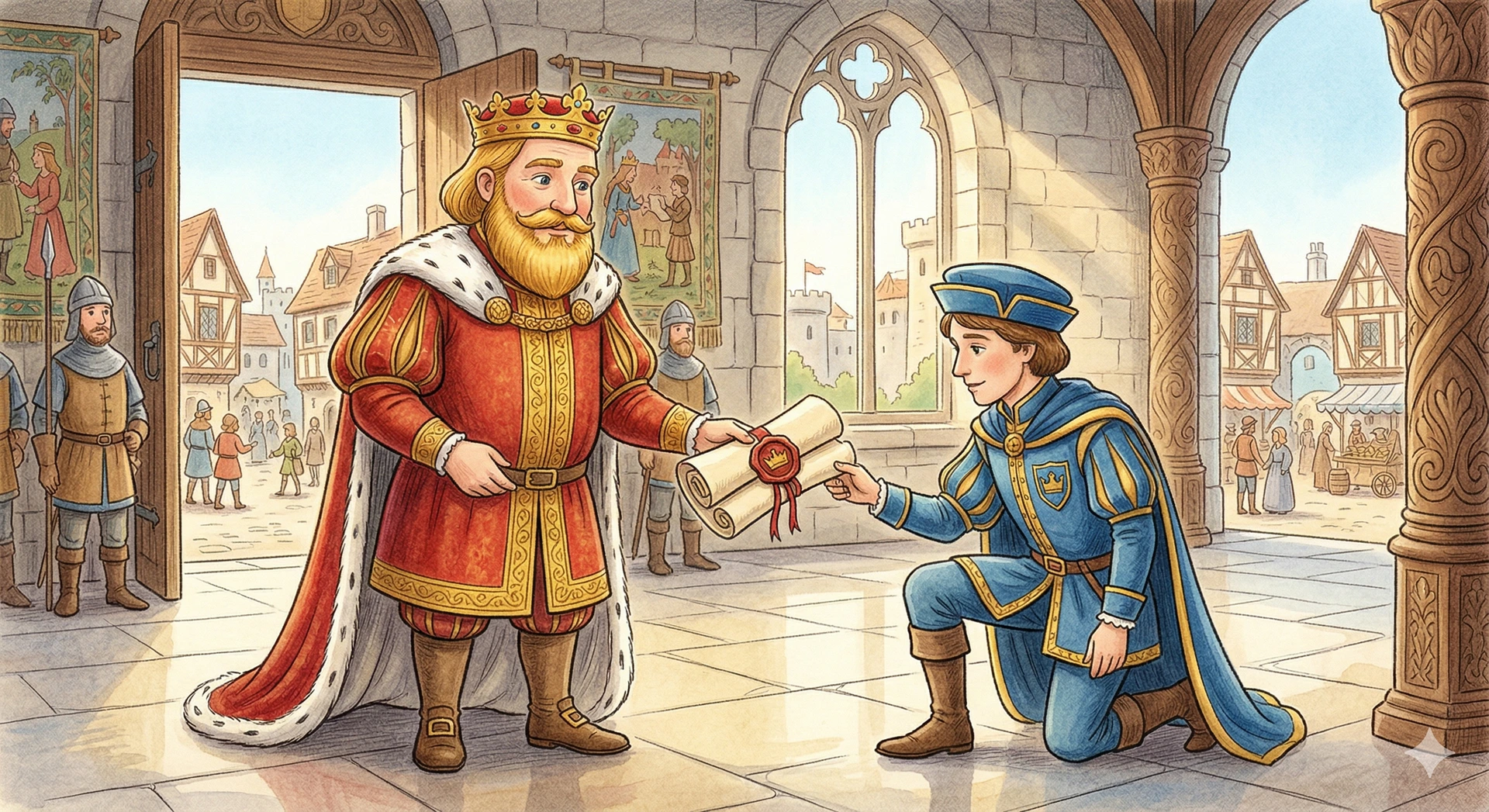 El Rey Auron entregando un edicto a su mensajero real en Veridia.