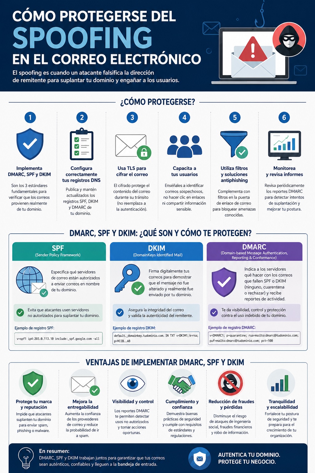 Infografía 3D de seguridad de correo electrónico mostrando protocolos SPF, DKIM y DMARC contra ciberataques