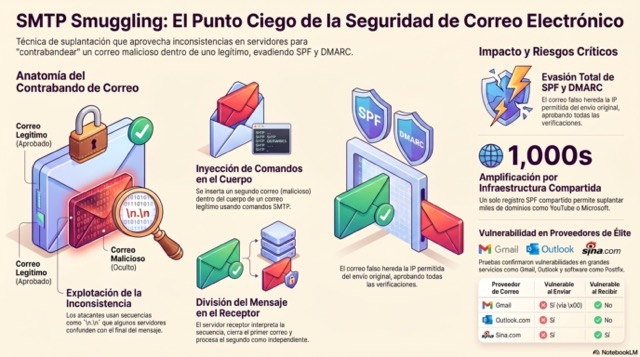 Infografía explicativa sobre ciberseguridad, HTML Smuggling y la insuficiencia de los protocolos SPF y DMARC.