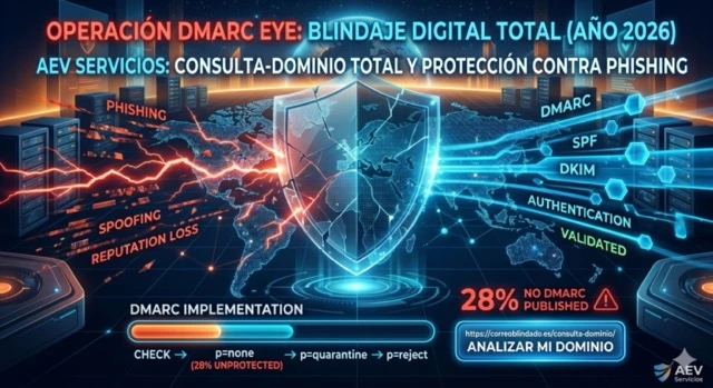 Infografía de AEV Servicios sobre la importancia de implementar DMARC, SPF y DKIM para proteger un dominio frente a ataques de phishing y spoofing en 2026.